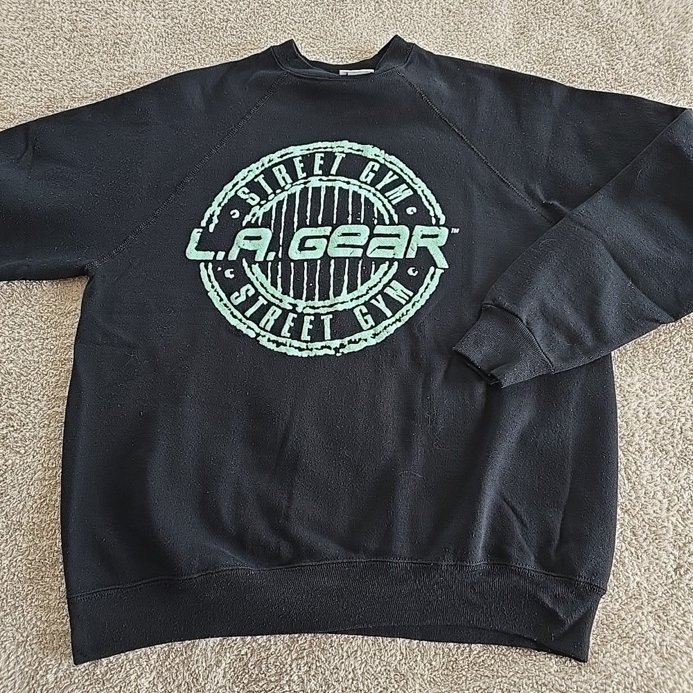 Vintage L.A. Gear Street Gym‎ Crew Neck Sweatshirt Black W/teal Spellout Sz L